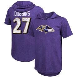 Majestic Threads Men's Threads J.K. Dobbins Purple Baltimore Ravens Player Name & Number Tri-Blend Hoodie T-Shirt