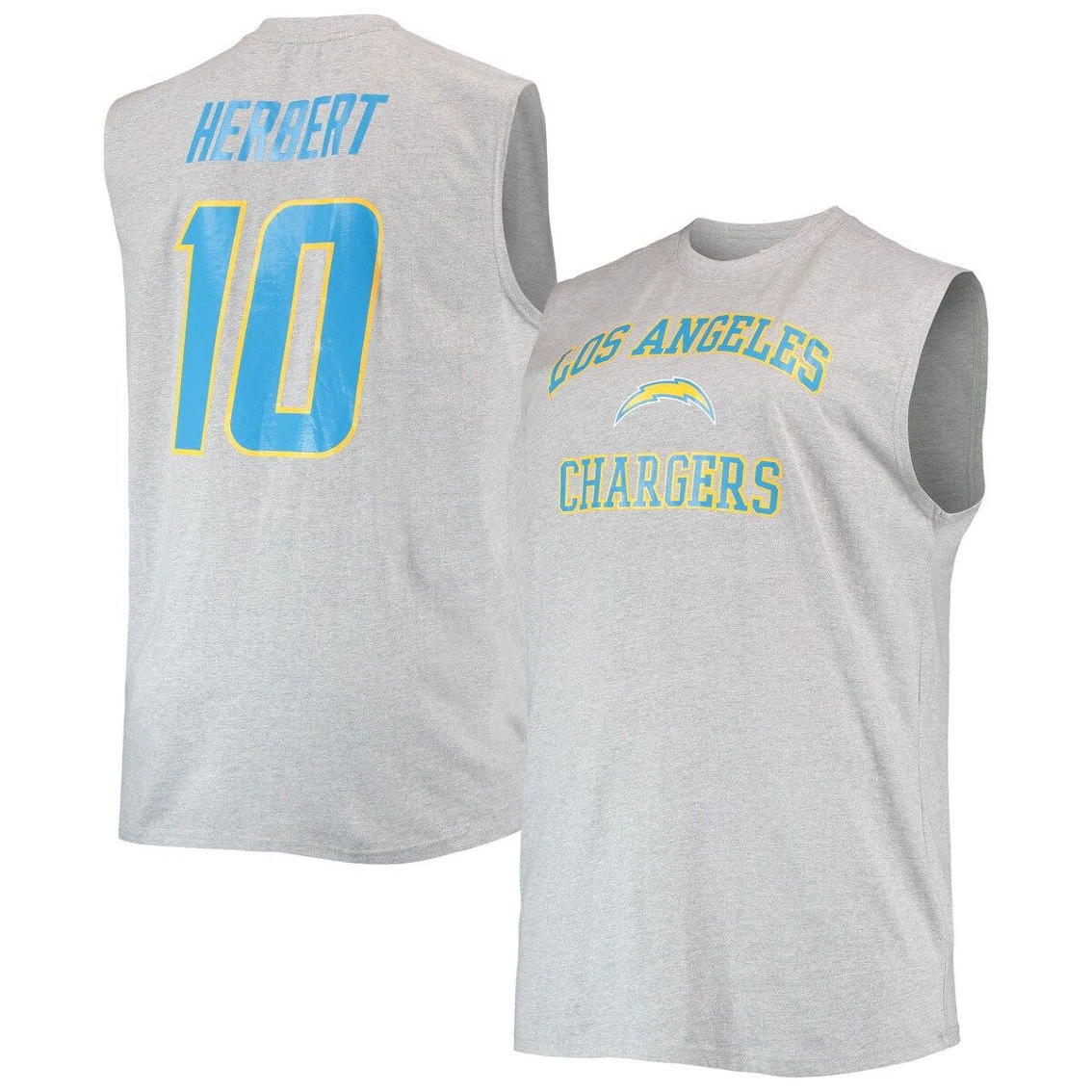 Profile Men's Justin Herbert Heathered Gray Los Angeles Chargers Big & Tall Player Name & Number Muscle Tank Top 3 Profile Men's Justin Herbert Heathered Gray Los Angeles Chargers Big & Tall Player Name & Number Muscle Tank Top