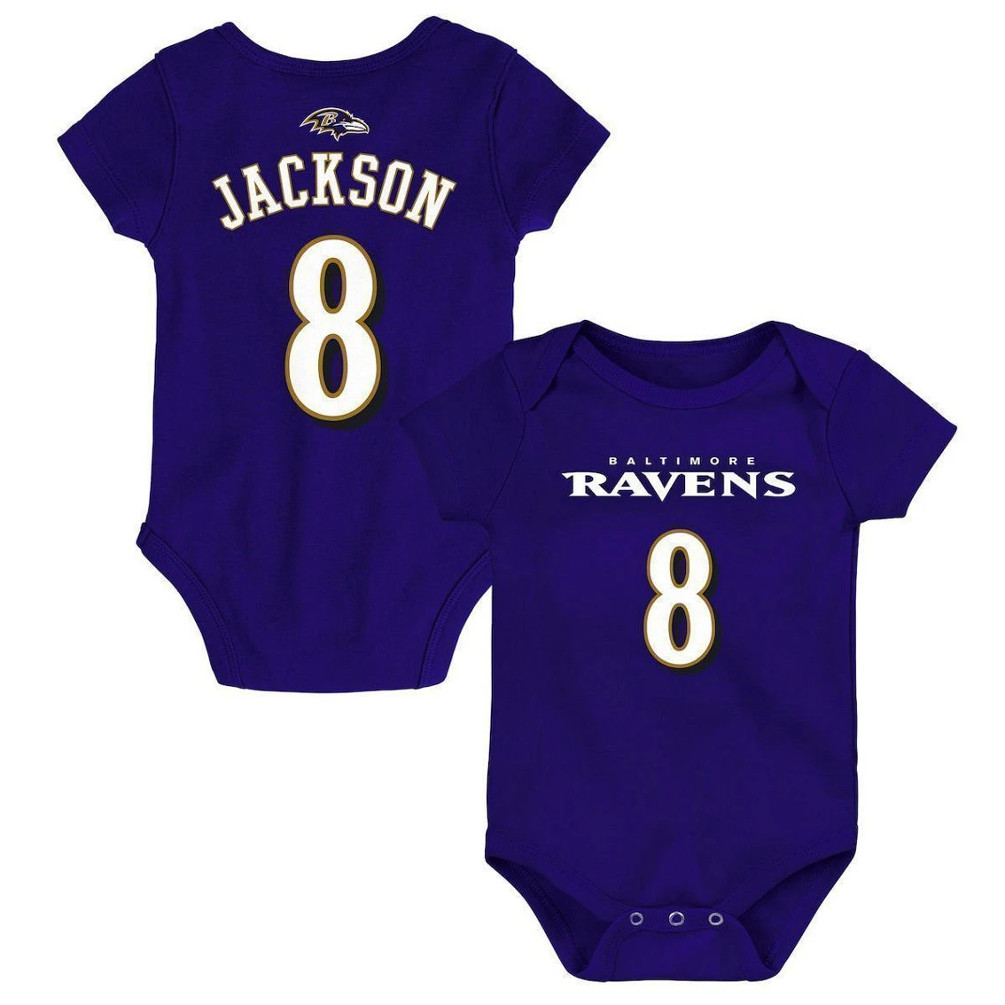 Outerstuff Infant Lamar Jackson Purple Baltimore Ravens Mainliner Name & Number Bodysuit 4 Outerstuff Infant Lamar Jackson Purple Baltimore Ravens Mainliner Name & Number Bodysuit - Image 2