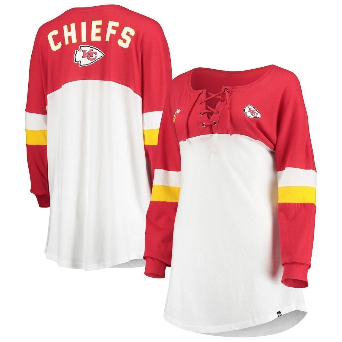 New Era Women's White/Red Kansas City Chiefs Athletic Varsity Lace-Up V-Neck Long Sleeve T-Shirt 4 New Era Women's White/Red Kansas City Chiefs Athletic Varsity Lace-Up V-Neck Long Sleeve T-Shirt - Image 2