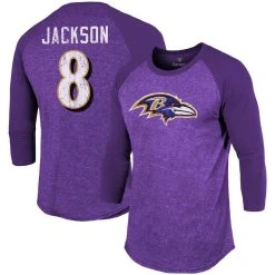 Majestic Threads Men's Lamar Jackson Purple Baltimore Ravens Team Player Name & Number Tri-Blend Raglan 3/4-Sleeve T-Shirt