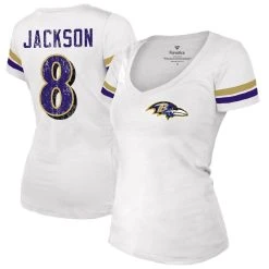 Majestic Threads Women's Fanatics Branded Lamar Jackson White Baltimore Ravens Fashion Player Name & Number V-Neck T-Shirt