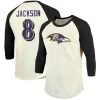 Majestic Threads Men's Fanatics Branded Lamar Jackson Cream/Black Baltimore Ravens Vintage Player Name & Number Raglan 3/4-Sleeve T-Shirt