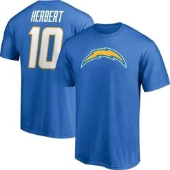 Fanatics Branded Men's Justin Herbert Powder Blue Los Angeles Chargers Player Icon Name & Number T-Shirt