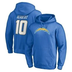 Fanatics Branded Men's Justin Herbert Powder Blue Los Angeles Chargers Player Icon Name & Number Pullover Hoodie
