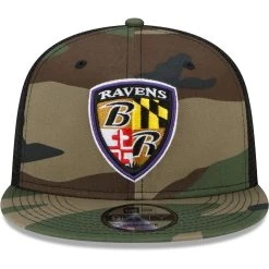 New Era Men's Camo Baltimore Ravens Woodland Trucker 2.0 Vintage 9FIFTY Snapback Hat -Mitchell & Ness store DSCO1140229162 BGrd ALT2