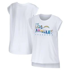 WEAR By Erin Andrews Women's White Los Angeles Chargers Greetings From Muscle T-Shirt