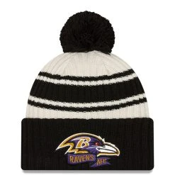 New Era Men's Cream/Black Baltimore Ravens 2022 Sideline Sport Cuffed Pom Knit Hat