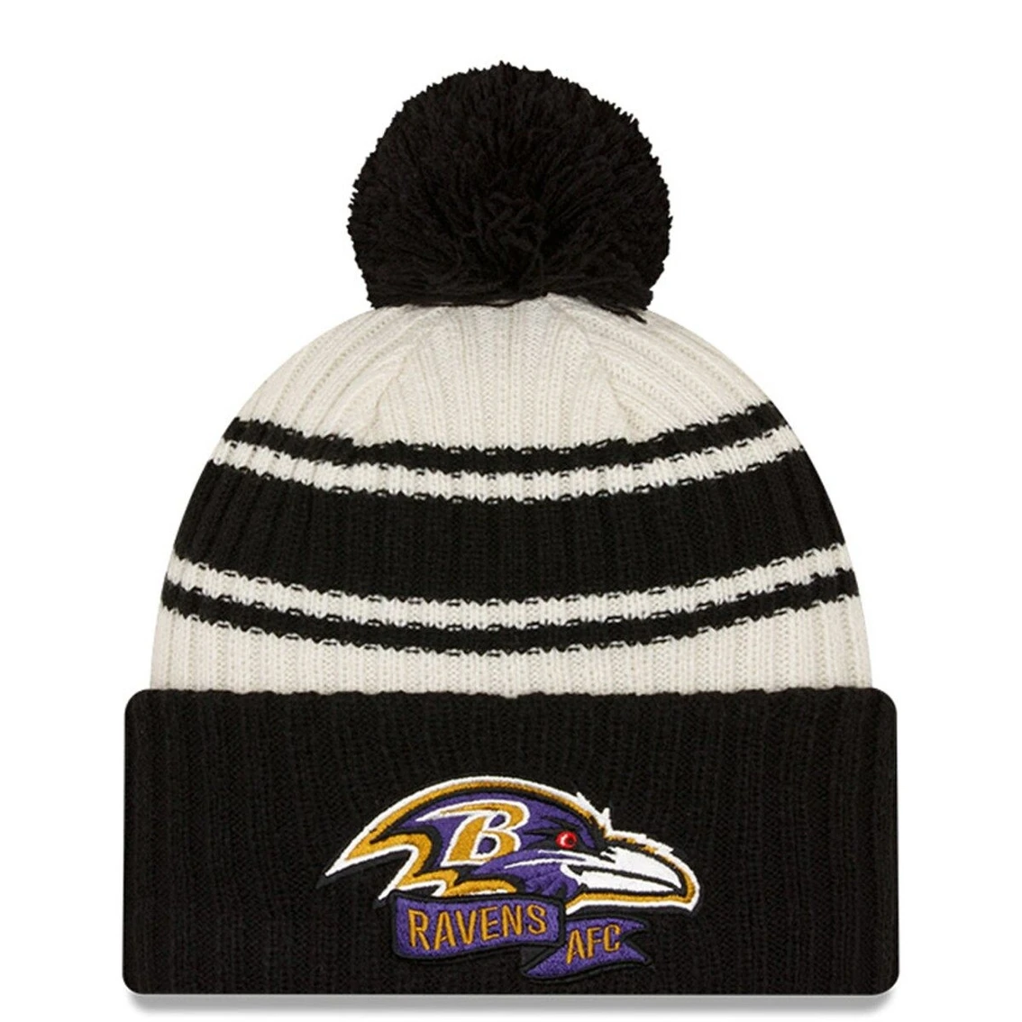 New Era Men's Cream/Black Baltimore Ravens 2022 Sideline Sport Cuffed Pom Knit Hat 4 New Era Men's Cream/Black Baltimore Ravens 2022 Sideline Sport Cuffed Pom Knit Hat - Image 2