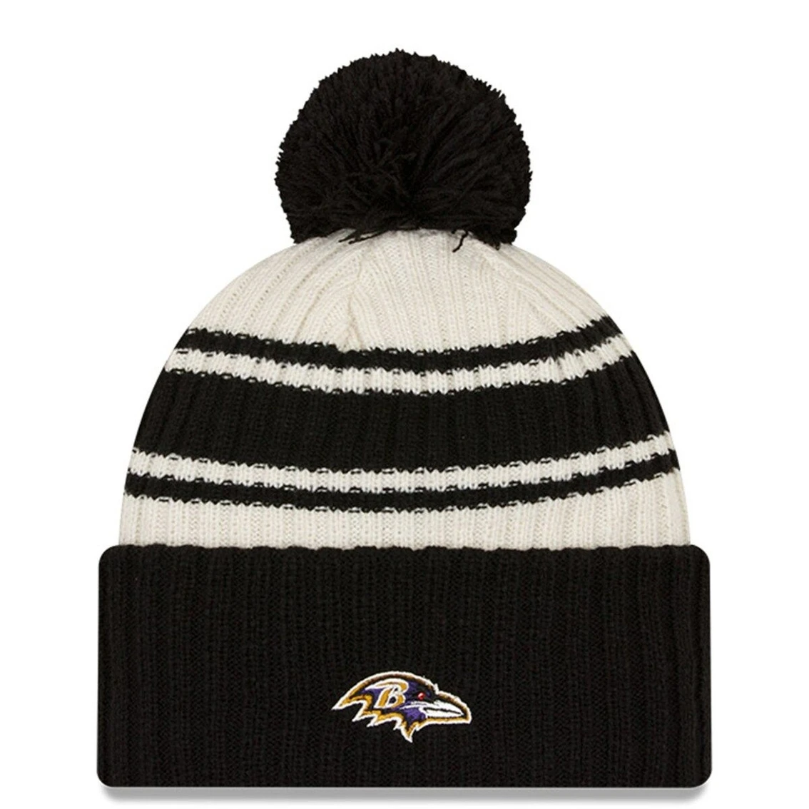 New Era Men's Cream/Black Baltimore Ravens 2022 Sideline Sport Cuffed Pom Knit Hat 5 New Era Men's Cream/Black Baltimore Ravens 2022 Sideline Sport Cuffed Pom Knit Hat - Image 3