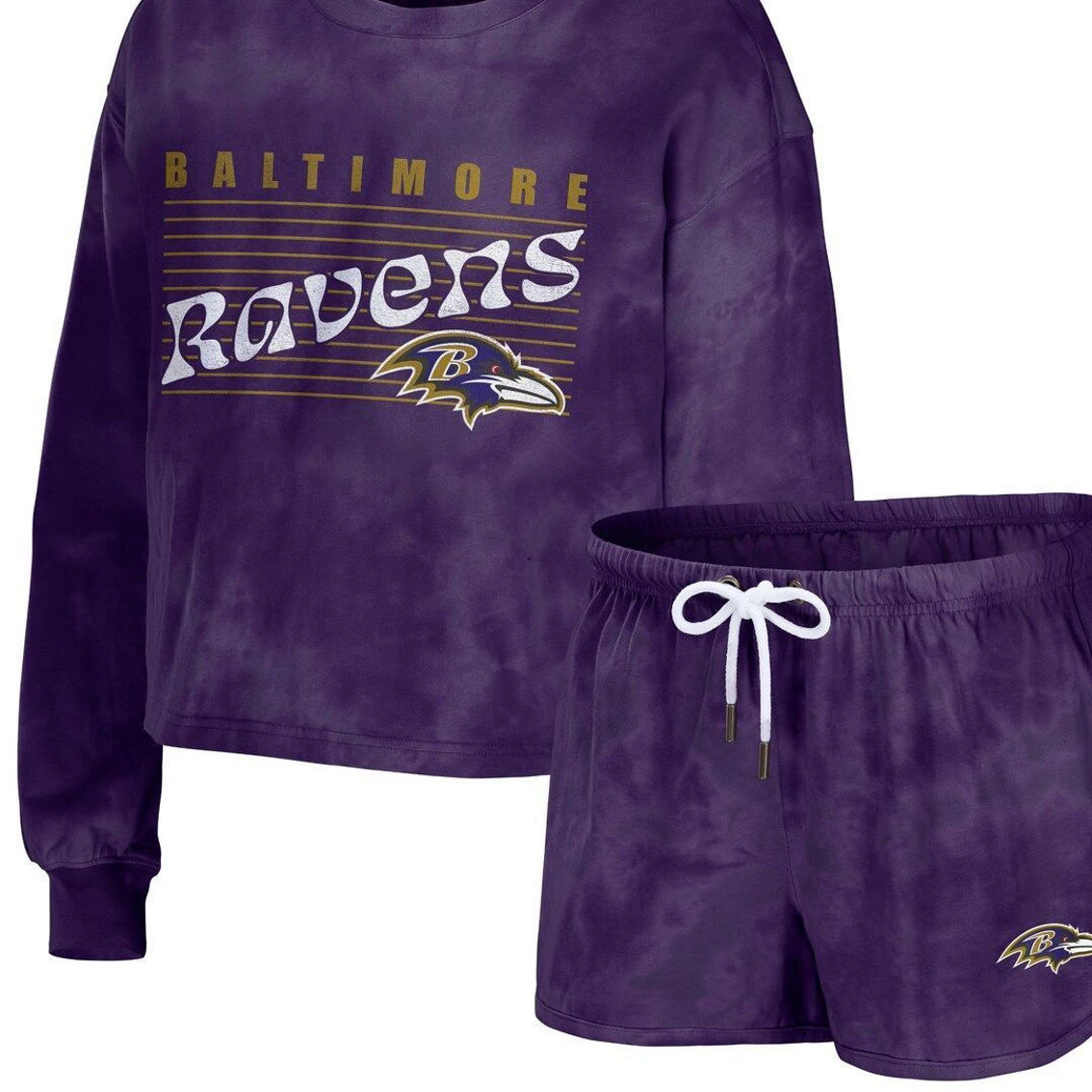 WEAR By Erin Andrews Women's Purple Baltimore Ravens Tie-Dye Cropped Pullover Sweatshirt & Shorts Lounge Set 4 WEAR By Erin Andrews Women's Purple Baltimore Ravens Tie-Dye Cropped Pullover Sweatshirt & Shorts Lounge Set - Image 2