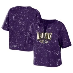 Women's WEAR By Erin Andrews Purple Baltimore Ravens Bleach Wash Splatter Notch Neck Cropped T-Shirt