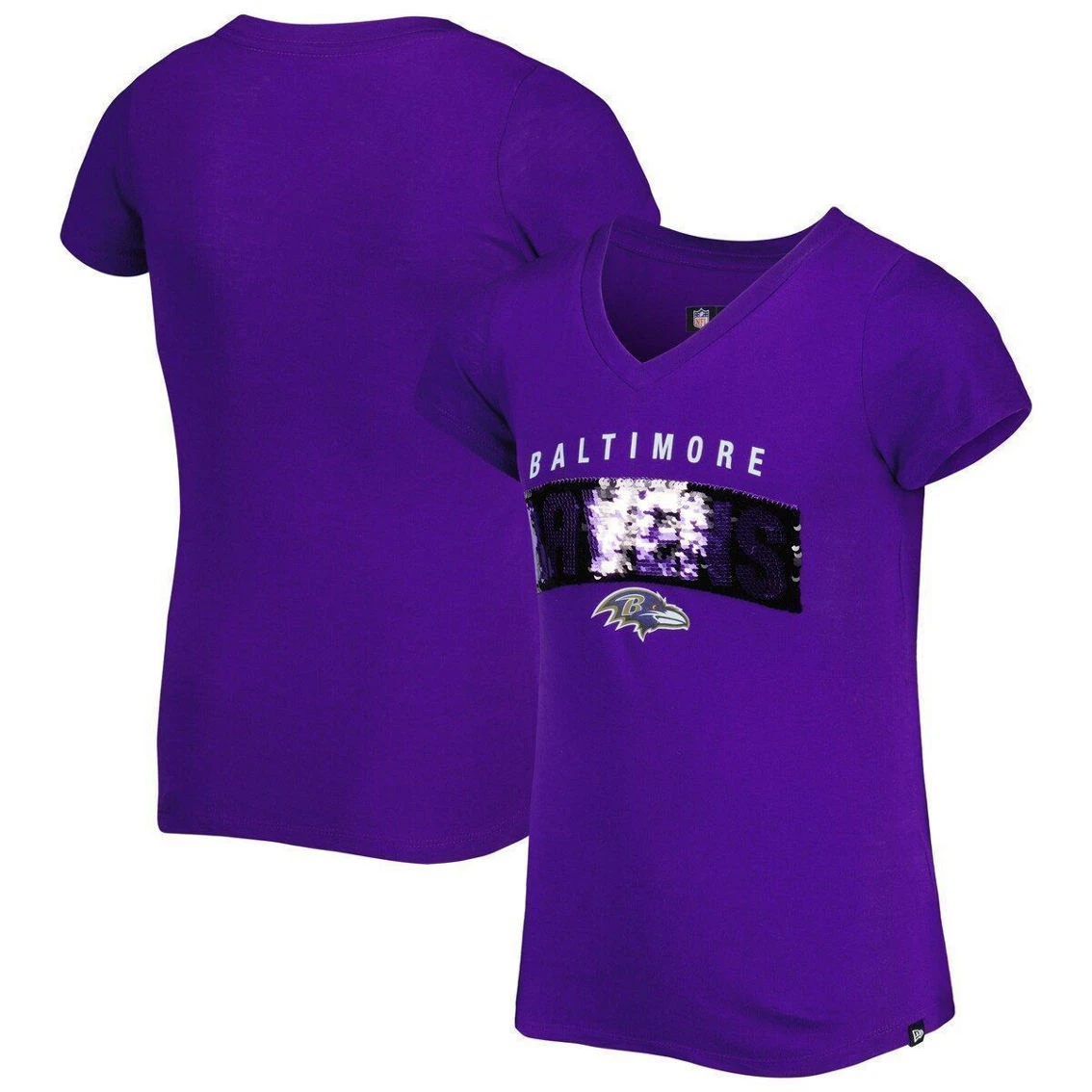 New Era Girls Youth Purple Baltimore Ravens Reverse Sequin Wordmark V-Neck T-Shirt 3 New Era Girls Youth Purple Baltimore Ravens Reverse Sequin Wordmark V-Neck T-Shirt