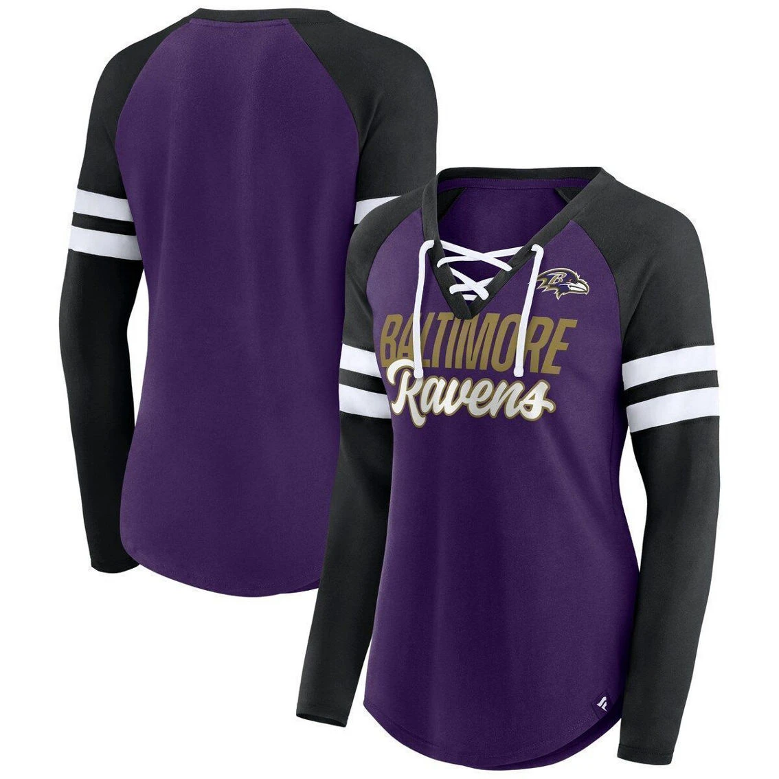 Fanatics Branded Women's Purple/Black Baltimore Ravens True To Form Raglan Lace-Up V-Neck Long Sleeve T-Shirt 4 Fanatics Branded Women's Purple/Black Baltimore Ravens True To Form Raglan Lace-Up V-Neck Long Sleeve T-Shirt - Image 2
