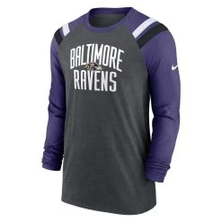 Nike Men's Heathered Charcoal/Purple Baltimore Ravens Tri-Blend Raglan Athletic Long Sleeve Fashion T-Shirt -Mitchell & Ness store DSCO1152433757 GRFO ALT2