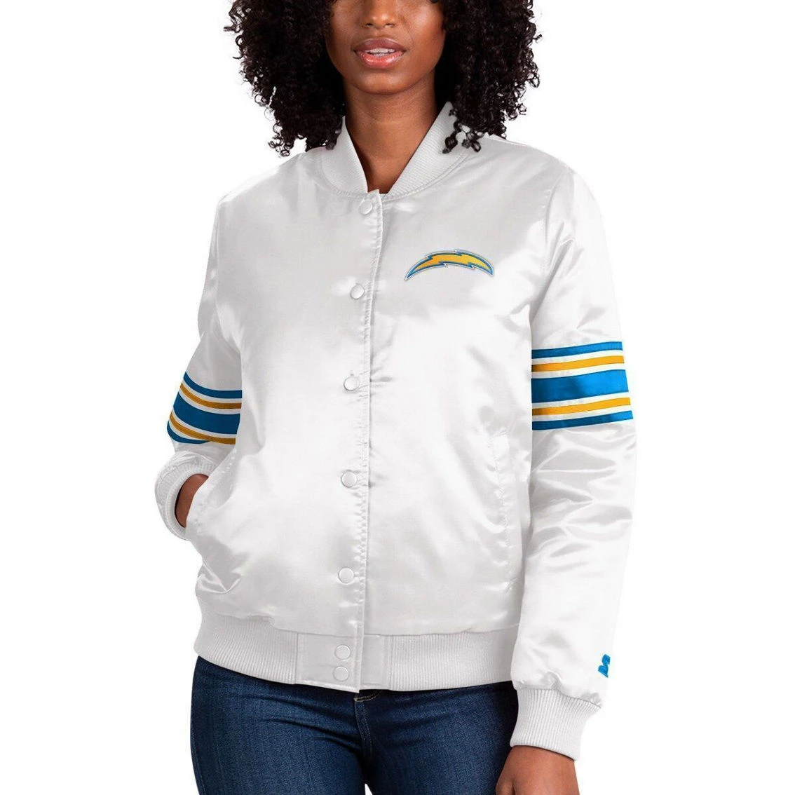 Starter Women's White Los Angeles Chargers Line Up Satin Full-Snap Varsity Jacket 4 Starter Women's White Los Angeles Chargers Line Up Satin Full-Snap Varsity Jacket - Image 2