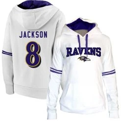 Profile Women's Lamar Jackson White/Purple Baltimore Ravens Plus Size Name & Number Pullover Hoodie