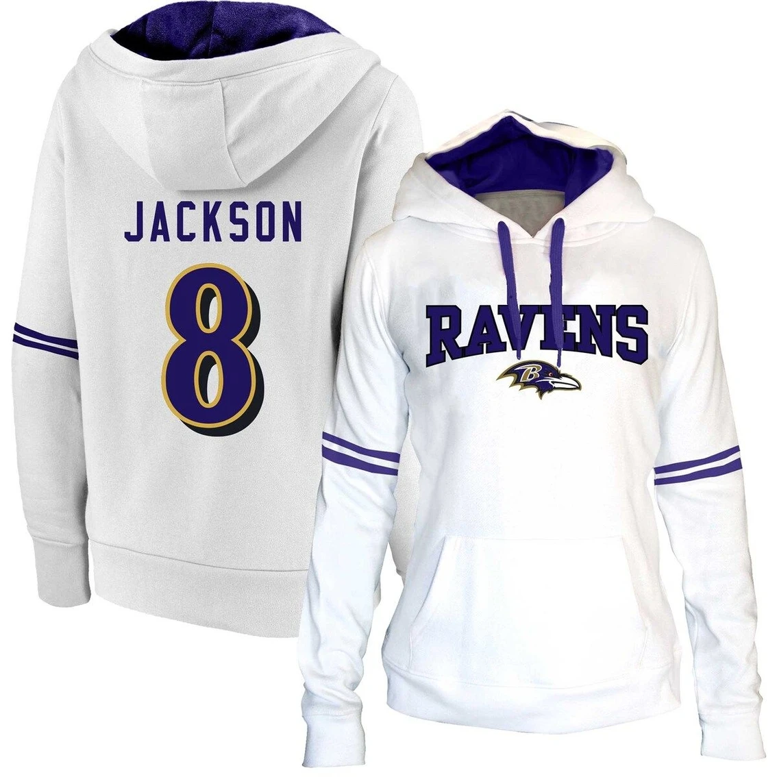 Profile Women's Lamar Jackson White/Purple Baltimore Ravens Plus Size Name & Number Pullover Hoodie 4 Profile Women's Lamar Jackson White/Purple Baltimore Ravens Plus Size Name & Number Pullover Hoodie - Image 2