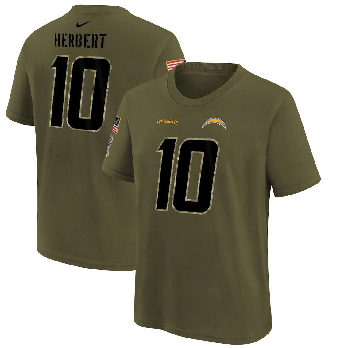 Nike Youth Justin Herbert Olive Los Angeles Chargers 2022 Salute To Service Name & Number T-Shirt 4 Nike Youth Justin Herbert Olive Los Angeles Chargers 2022 Salute To Service Name & Number T-Shirt - Image 2