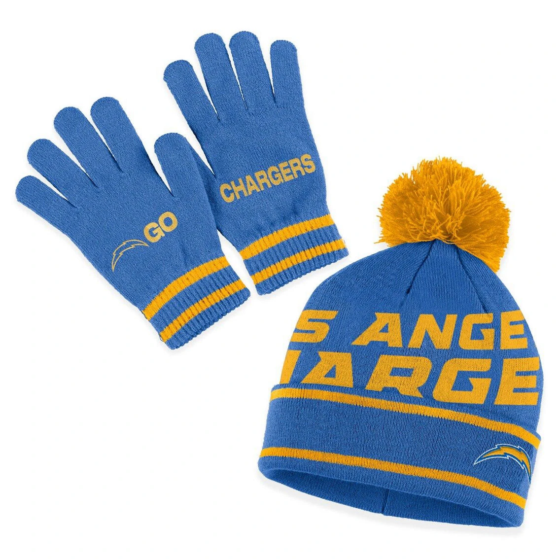 WEAR By Erin Andrews Women's Powder Blue Los Angeles Chargers Double Jacquard Cuffed Knit Hat With Pom And Gloves Set 4 WEAR By Erin Andrews Women's Powder Blue Los Angeles Chargers Double Jacquard Cuffed Knit Hat With Pom And Gloves Set - Image 2