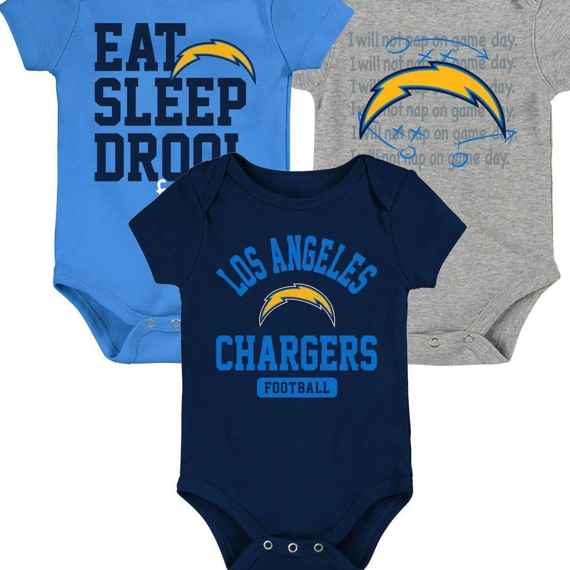 Outerstuff Newborn & Infant Powder Blue/White/Heather Gray Los Angeles Chargers Three-Piece Eat Sleep Drool Bodysuit Set 3 Outerstuff Newborn & Infant Powder Blue/White/Heather Gray Los Angeles Chargers Three-Piece Eat Sleep Drool Bodysuit Set