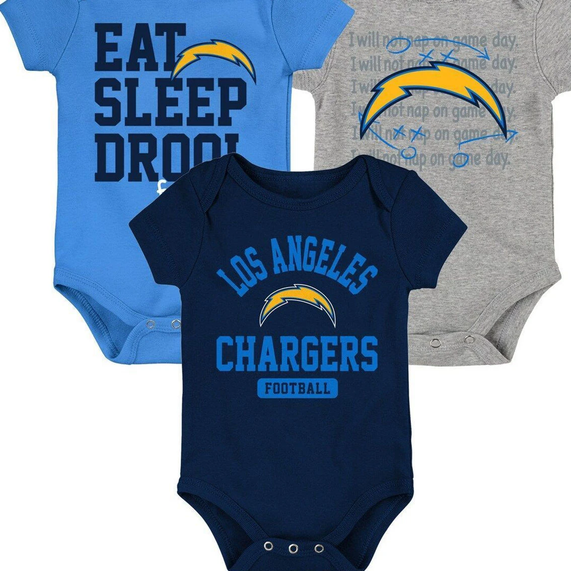 Outerstuff Newborn & Infant Powder Blue/White/Heather Gray Los Angeles Chargers Three-Piece Eat Sleep Drool Bodysuit Set 4 Outerstuff Newborn & Infant Powder Blue/White/Heather Gray Los Angeles Chargers Three-Piece Eat Sleep Drool Bodysuit Set - Image 2
