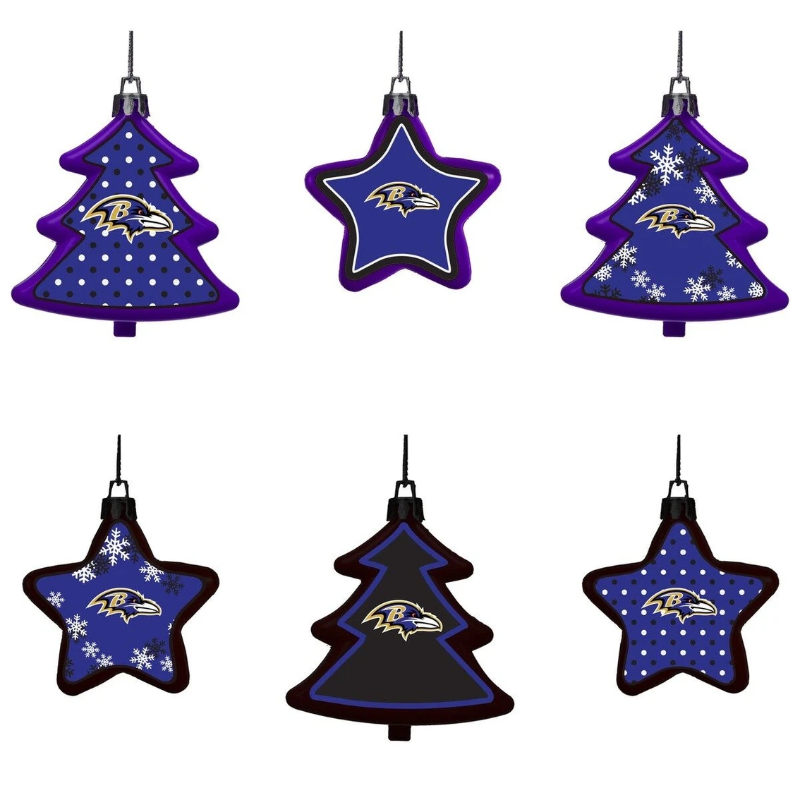 FOCO Baltimore Ravens Six-Pack Shatterproof Tree And Star Ornament Set 4 FOCO Baltimore Ravens Six-Pack Shatterproof Tree And Star Ornament Set - Image 2