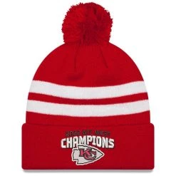 New Era Men's Red Kansas City Chiefs 2022 AFC West Division S Top Stripe Pom Cuffed Knit Hat