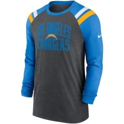 Nike Men's Heathered Charcoal/Powder Blue Los Angeles Chargers Tri-Blend Raglan Athletic Long Sleeve Fashion T-Shirt -Mitchell & Ness store DSCO1156932230 4102 ALT2