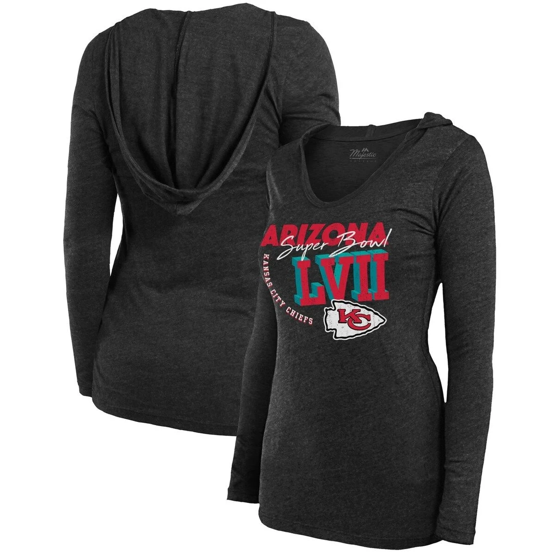 Majestic Threads Women's Threads Black Kansas City Chiefs Super Bowl LVII High Tide Tri-Blend V-Neck Long Sleeve Hoodie T-Shirt 4 Majestic Threads Women's Threads Black Kansas City Chiefs Super Bowl LVII High Tide Tri-Blend V-Neck Long Sleeve Hoodie T-Shirt - Image 2